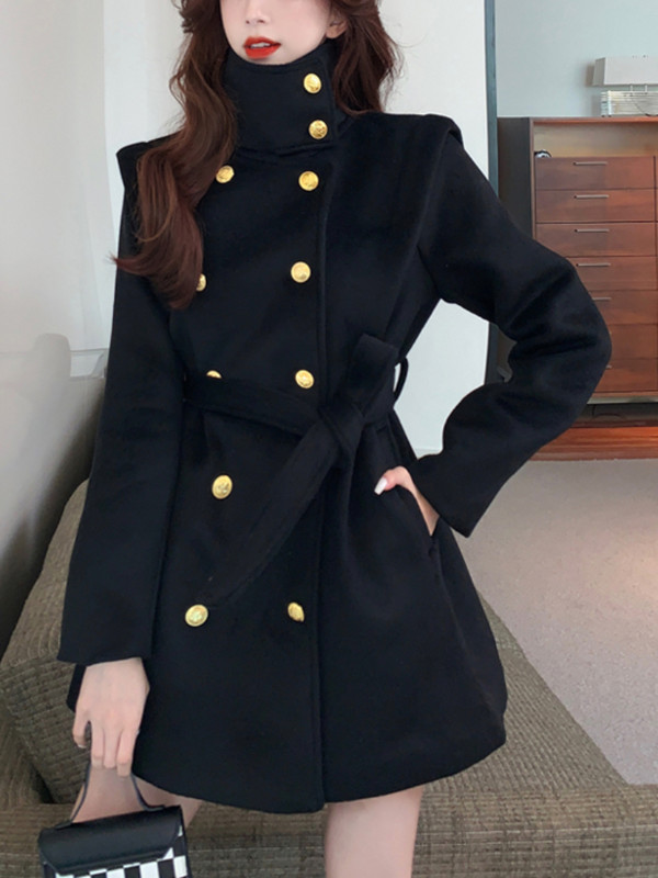 FTLZZ Jesen Zima Ženski samostojeći ovratnik s dvostrukim kopčanjem Midi vuneni kaput na vezivanje Uredska ženska jednobojna vunena odjeća