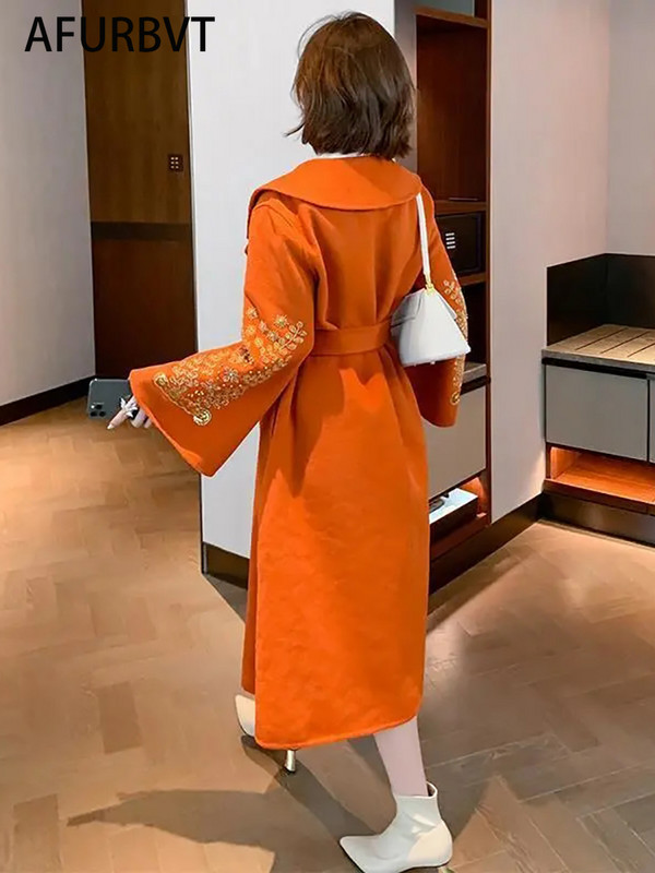 Palton de lână la modă nouă, îmbrăcăminte exterioară pentru femei, toamnă iarnă, coreeană, la două piept, jachetă lungă de lână, subțire, cu șireturi, pardesiu pentru femei