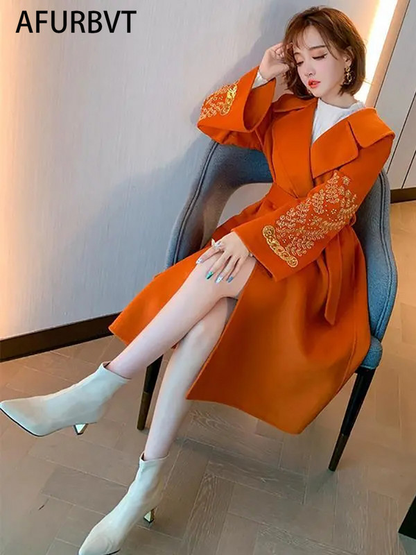 Palton de lână la modă nouă, îmbrăcăminte exterioară pentru femei, toamnă iarnă, coreeană, la două piept, jachetă lungă de lână, subțire, cu șireturi, pardesiu pentru femei