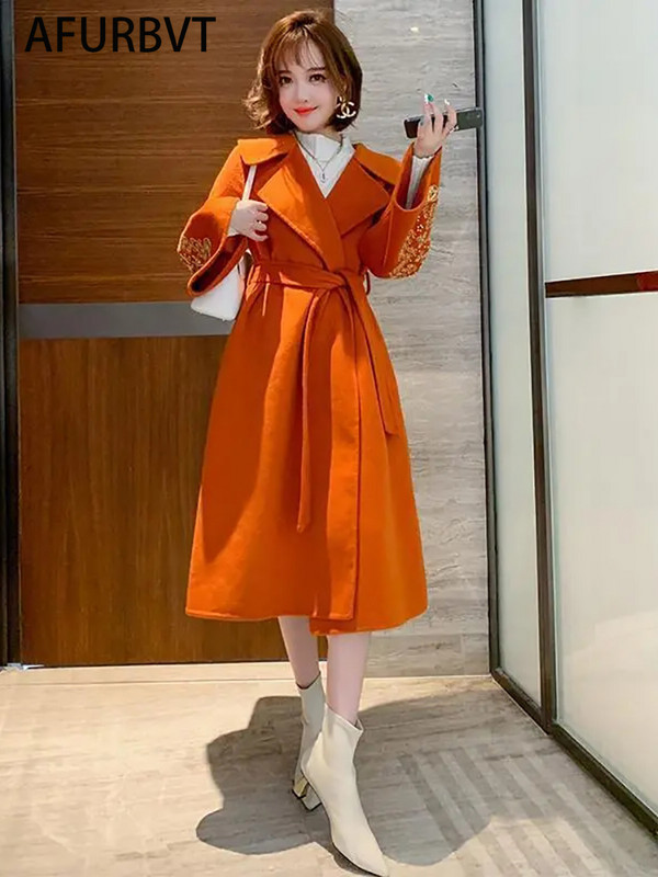 Palton de lână la modă nouă, îmbrăcăminte exterioară pentru femei, toamnă iarnă, coreeană, la două piept, jachetă lungă de lână, subțire, cu șireturi, pardesiu pentru femei