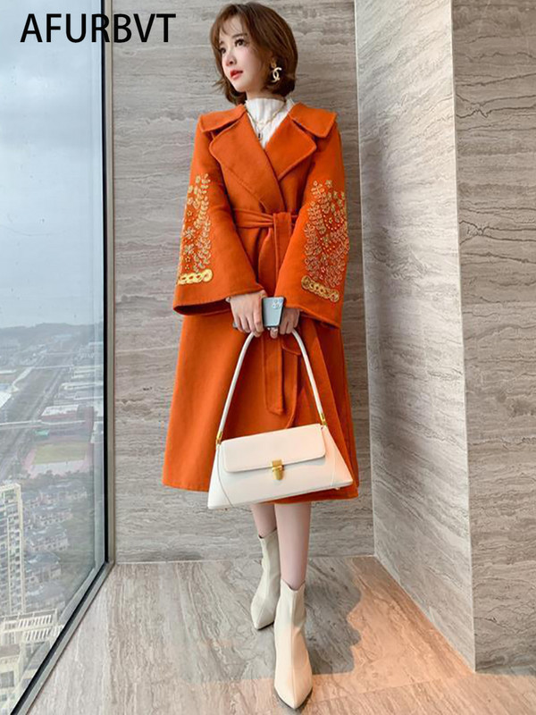 Palton de lână la modă nouă, îmbrăcăminte exterioară pentru femei, toamnă iarnă, coreeană, la două piept, jachetă lungă de lână, subțire, cu șireturi, pardesiu pentru femei