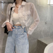 Vasaras jakas Sieviešu apģērbs Savelkamās aukliņas ar garām piedurknēm Crop Tops Ielu apģērbi Modes Korejas Y2k Mētelis Harajuku Plāns Ikdienas apģērbs