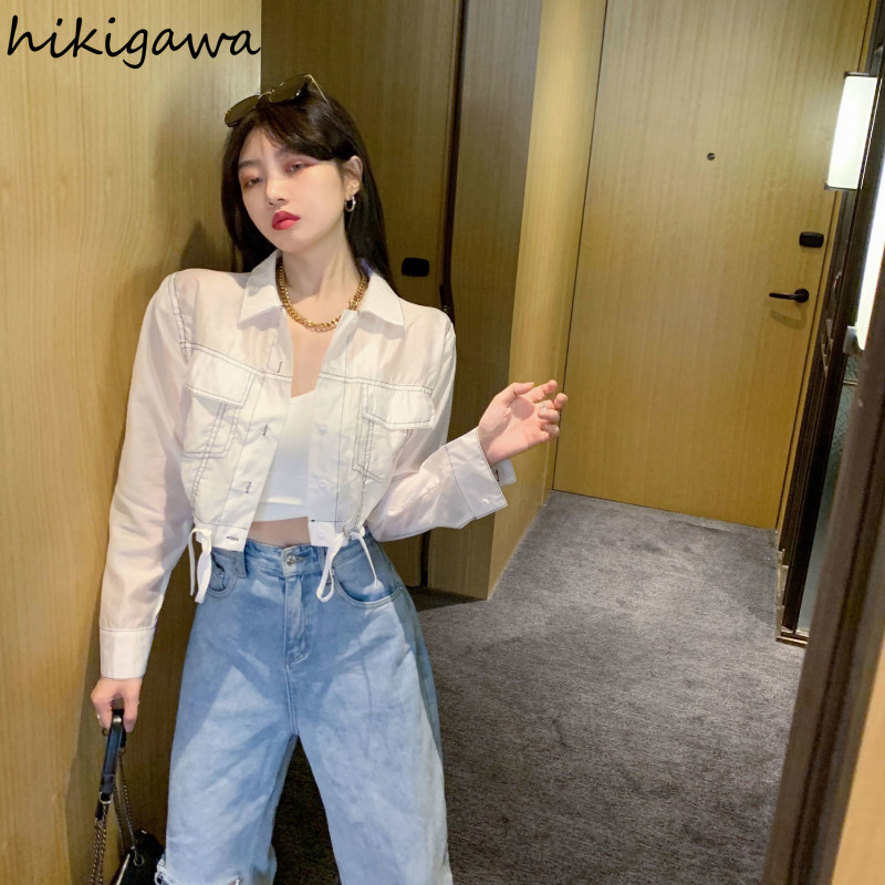 Vasaras jakas Sieviešu apģērbs Savelkamās aukliņas ar garām piedurknēm Crop Tops Ielu apģērbi Modes Korejas Y2k Mētelis Harajuku Plāns Ikdienas apģērbs