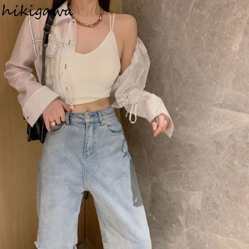 Vasaras jakas Sieviešu apģērbs Savelkamās aukliņas ar garām piedurknēm Crop Tops Ielu apģērbi Modes Korejas Y2k Mētelis Harajuku Plāns Ikdienas apģērbs