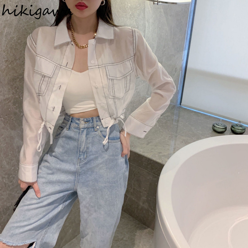 Vasaras jakas Sieviešu apģērbs Savelkamās aukliņas ar garām piedurknēm Crop Tops Ielu apģērbi Modes Korejas Y2k Mētelis Harajuku Plāns Ikdienas apģērbs