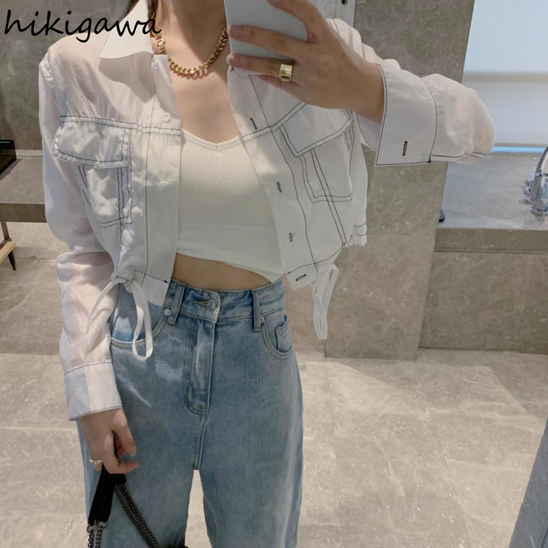 Vasaras jakas Sieviešu apģērbs Savelkamās aukliņas ar garām piedurknēm Crop Tops Ielu apģērbi Modes Korejas Y2k Mētelis Harajuku Plāns Ikdienas apģērbs