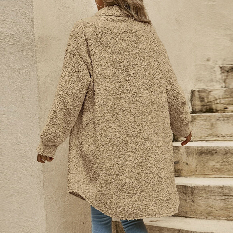 Rudens ziemas garais mētelis sieviete plīša silts temperamenta mētelis sieviešu kažokādas rotaļu jaka Sieviešu rotaļu mētelis poga atloks plīša virsdrēbes