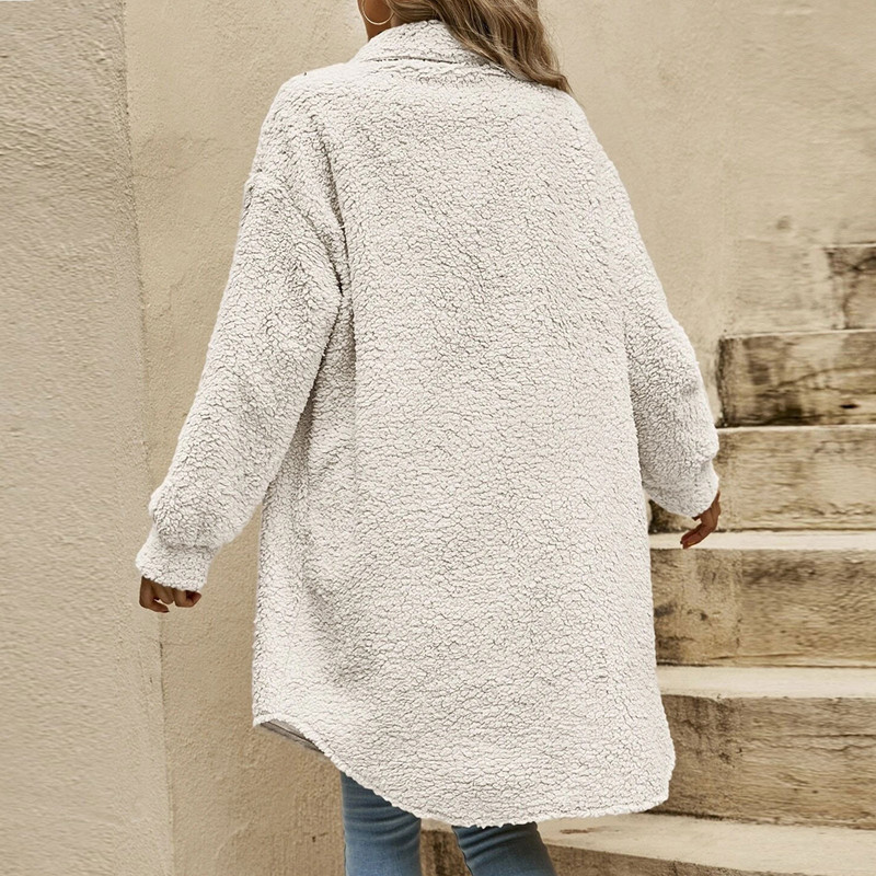 Rudens ziemas garais mētelis sieviete plīša silts temperamenta mētelis sieviešu kažokādas rotaļu jaka Sieviešu rotaļu mētelis poga atloks plīša virsdrēbes