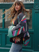 Patchwork print široka ženska pamučna jakna dugih lepršavih rukava ženski kaput s V izrezom 2023. Elegantne ulične ženske jakne jesen zima