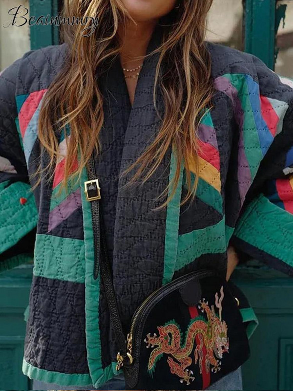 Patchwork print široka ženska pamučna jakna dugih lepršavih rukava ženski kaput s V izrezom 2023. Elegantne ulične ženske jakne jesen zima