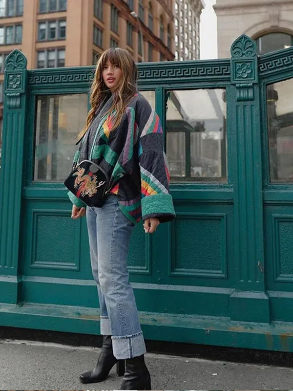 Patchwork print široka ženska pamučna jakna dugih lepršavih rukava ženski kaput s V izrezom 2023. Elegantne ulične ženske jakne jesen zima