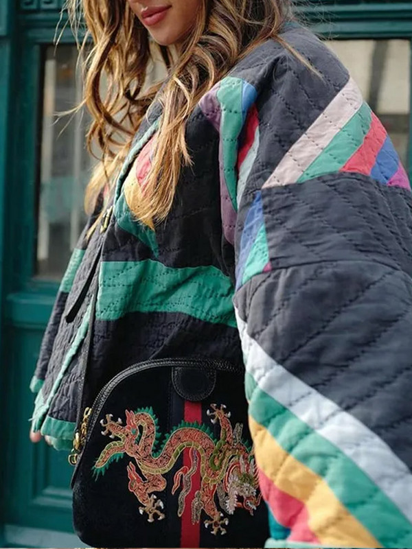 Patchwork print široka ženska pamučna jakna dugih lepršavih rukava ženski kaput s V izrezom 2023. Elegantne ulične ženske jakne jesen zima