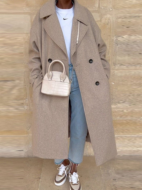 Ženski vuneni kaput s dvostrukim kopčanjem, dugi rukavi, jednobojni dugi vuneni kaput, zimski modni topli široki vuneni kaput