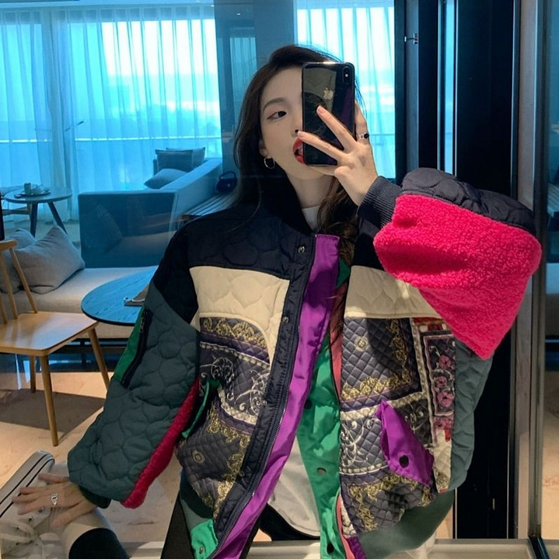 Modna bejzbol jakna Ženska spojena kontrastna pamučna jakna od janjeće vune Zimska labava ležerna gornja odjeća Parker Ženska