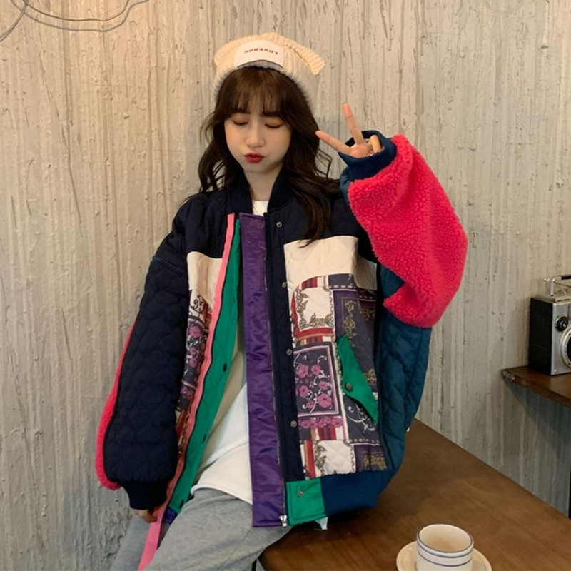 Modna bejzbol jakna Ženska spojena kontrastna pamučna jakna od janjeće vune Zimska labava ležerna gornja odjeća Parker Ženska