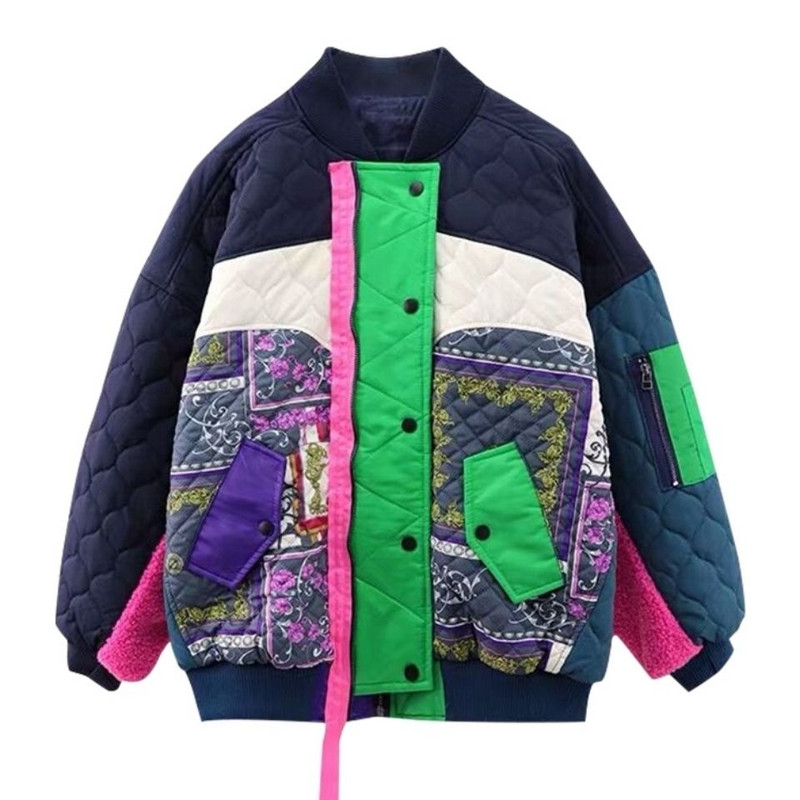 Modna bejzbol jakna Ženska spojena kontrastna pamučna jakna od janjeće vune Zimska labava ležerna gornja odjeća Parker Ženska