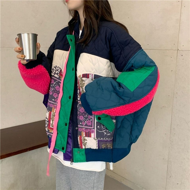Modna bejzbol jakna Ženska spojena kontrastna pamučna jakna od janjeće vune Zimska labava ležerna gornja odjeća Parker Ženska