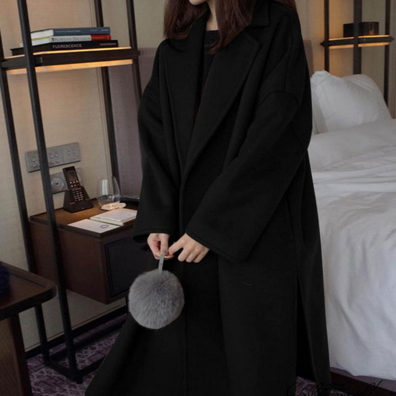 Elegantiškas žieminis paltas ilgomis rankovėmis išlaiko šilumą Laisvas ilgo stiliaus moteriškas rudeninis paltas