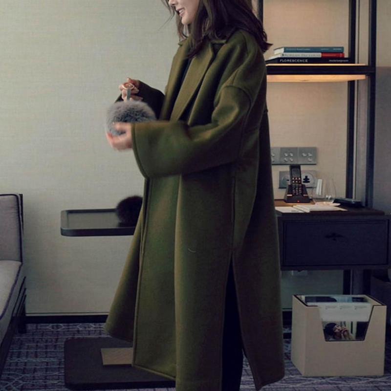 Elegantiškas žieminis paltas ilgomis rankovėmis išlaiko šilumą Laisvas ilgo stiliaus moteriškas rudeninis paltas