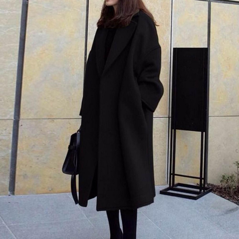 Elegantiškas žieminis paltas ilgomis rankovėmis išlaiko šilumą Laisvas ilgo stiliaus moteriškas rudeninis paltas