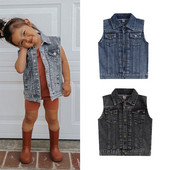FOCUSNORM 4-7 ani Modă Copii Fete Băieți Vestă de toamnă Jachetă fără mâneci Guler răsucit Închidere cu butoane Îmbrăcăminte din denim