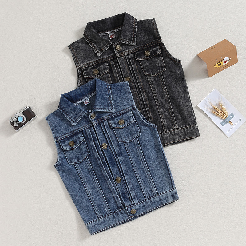 FOCUSNORM 4–7 m. madinga, vaikiška, mergaičių, berniukų, rudeninė liemenė striukė be rankovių, atverčiama apykakle su mygtuku Užsegamas džinsinis viršutinis drabužis