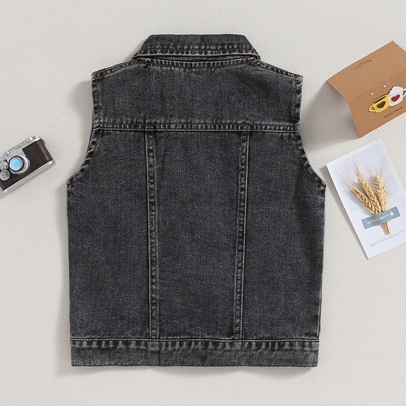 FOCUSNORM 4–7 m. madinga, vaikiška, mergaičių, berniukų, rudeninė liemenė striukė be rankovių, atverčiama apykakle su mygtuku Užsegamas džinsinis viršutinis drabužis