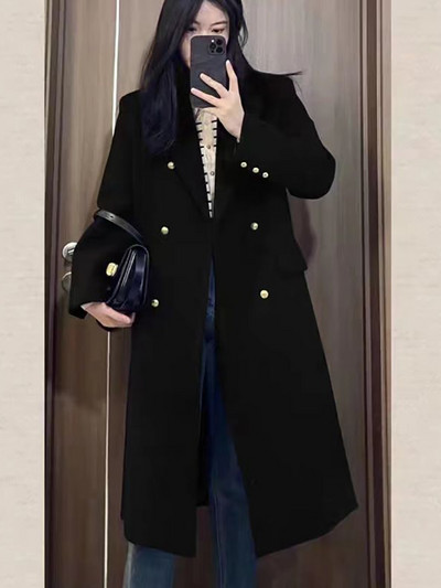 Coreea femei primăvară toamnă negru lângă lungă haină de lână jachetă curea pardesiu de lână la două piept bleumarin îmbrăcăminte exterioară 3XL