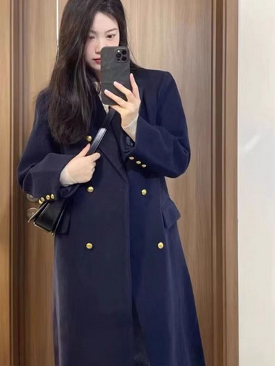 Coreea femei primăvară toamnă negru lângă lungă haină de lână jachetă curea pardesiu de lână la două piept bleumarin îmbrăcăminte exterioară 3XL