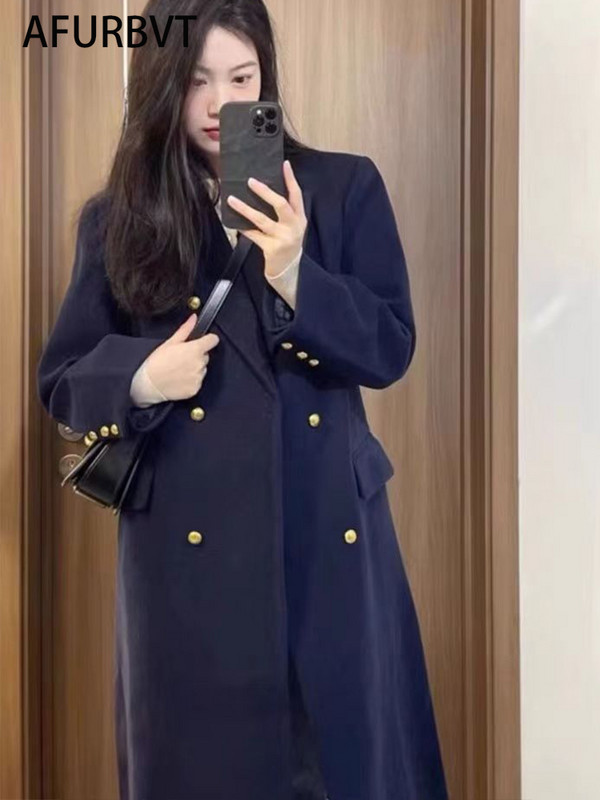 Coreea femei primăvară toamnă negru lângă lungă haină de lână jachetă curea pardesiu de lână la două piept bleumarin îmbrăcăminte exterioară 3XL