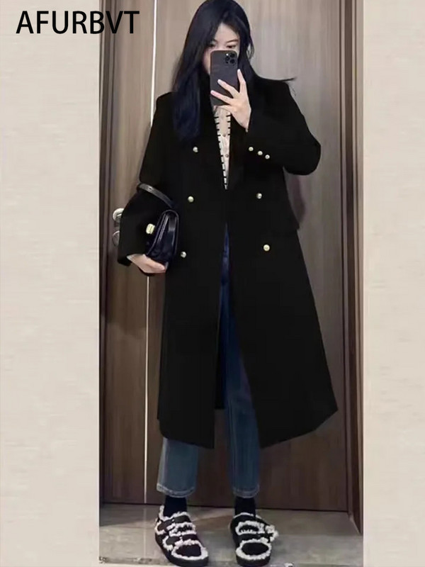 Coreea femei primăvară toamnă negru lângă lungă haină de lână jachetă curea pardesiu de lână la două piept bleumarin îmbrăcăminte exterioară 3XL