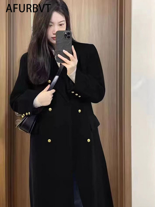 Coreea femei primăvară toamnă negru lângă lungă haină de lână jachetă curea pardesiu de lână la două piept bleumarin îmbrăcăminte exterioară 3XL