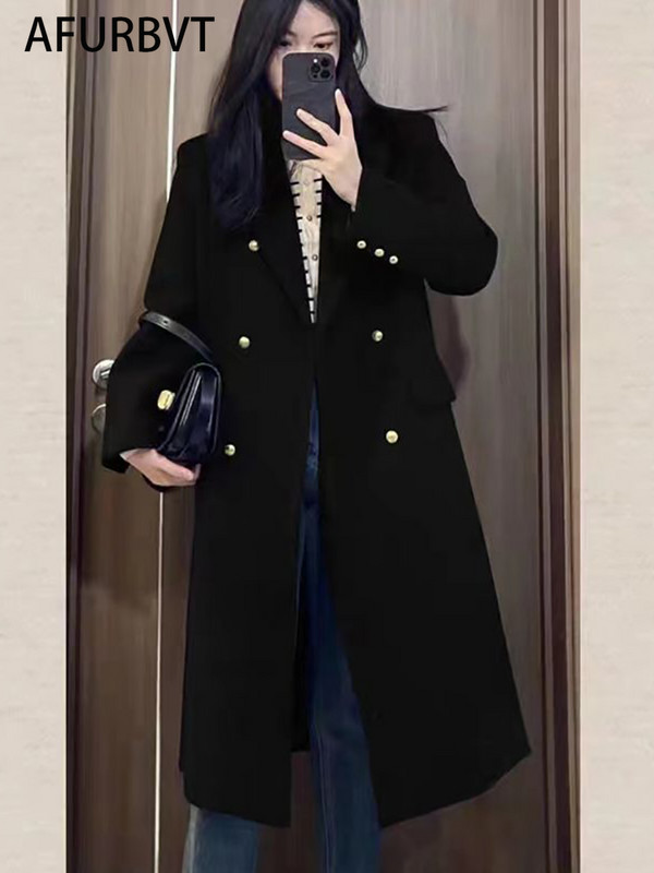 Coreea femei primăvară toamnă negru lângă lungă haină de lână jachetă curea pardesiu de lână la două piept bleumarin îmbrăcăminte exterioară 3XL
