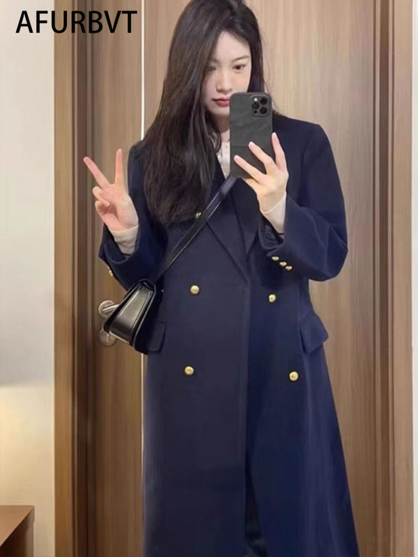 Coreea femei primăvară toamnă negru lângă lungă haină de lână jachetă curea pardesiu de lână la două piept bleumarin îmbrăcăminte exterioară 3XL