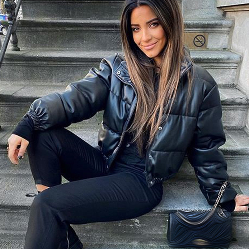 Iarna Moda Femei Paltoane din piele PU neagră Femei Jachete elegante din bumbac cu fermoar Femeie Doamnă Parka scurtă și caldă