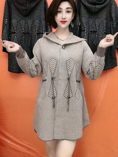 Jesen Zima Novi dvostrani kaput od kašmira s kapuljačom Ženski dugi vuneni kaput velikih veličina Pleteni džemper 5XL za starije majke