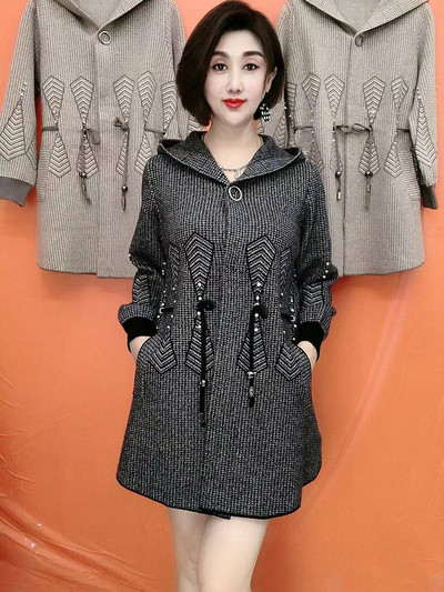 Jesen Zima Novi dvostrani kaput od kašmira s kapuljačom Ženski dugi vuneni kaput velikih veličina Pleteni džemper 5XL za starije majke