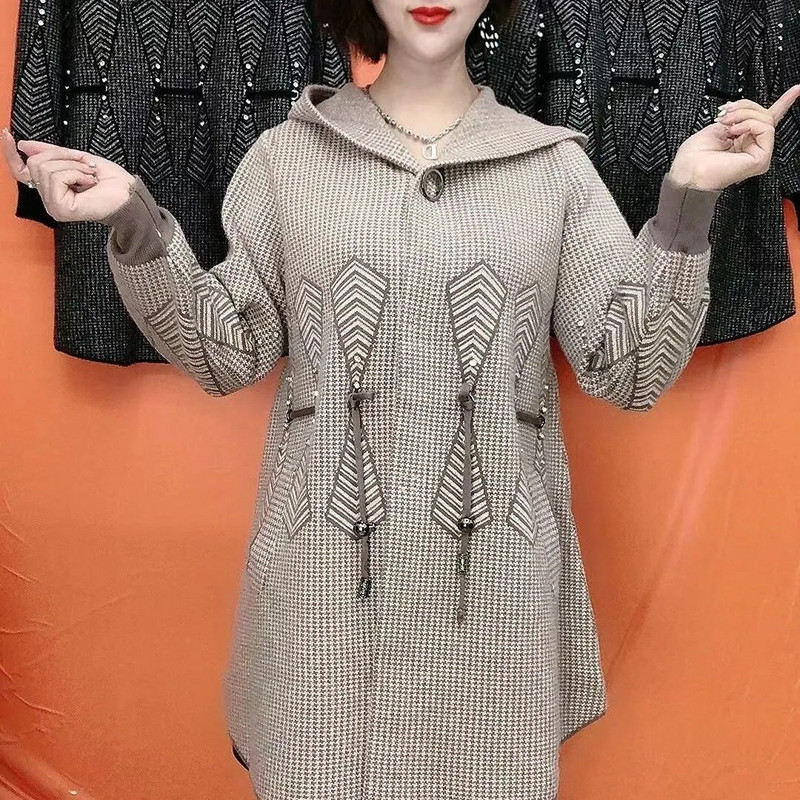 Jesen Zima Novi dvostrani kaput od kašmira s kapuljačom Ženski dugi vuneni kaput velikih veličina Pleteni džemper 5XL za starije majke