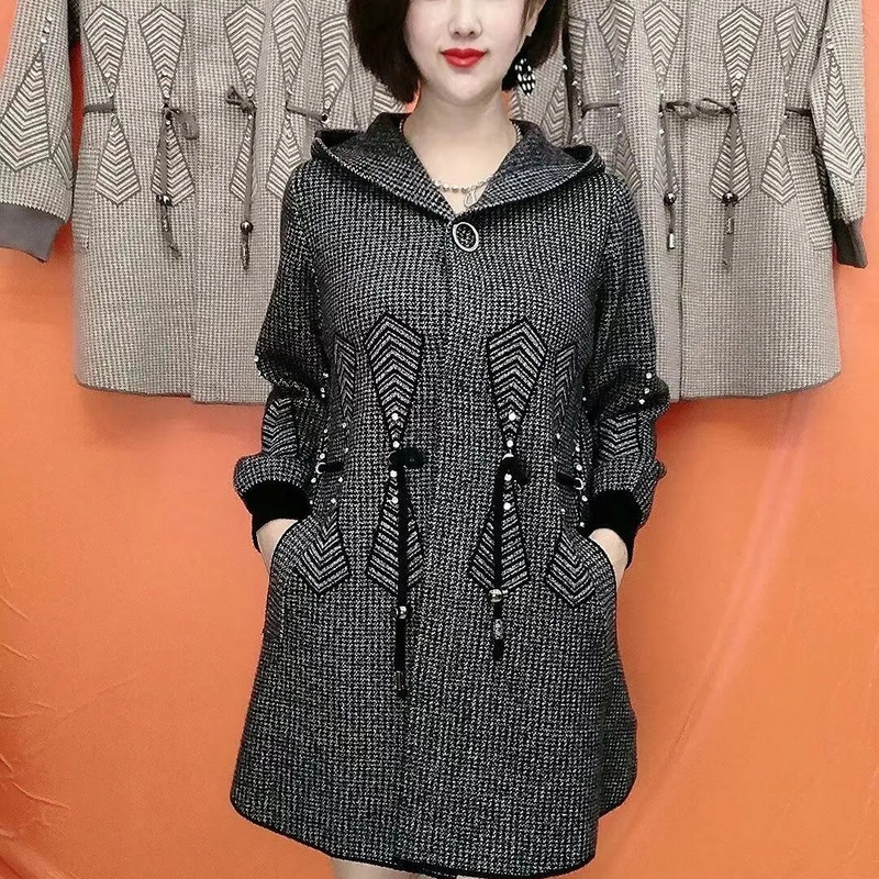 Jesen Zima Novi dvostrani kaput od kašmira s kapuljačom Ženski dugi vuneni kaput velikih veličina Pleteni džemper 5XL za starije majke