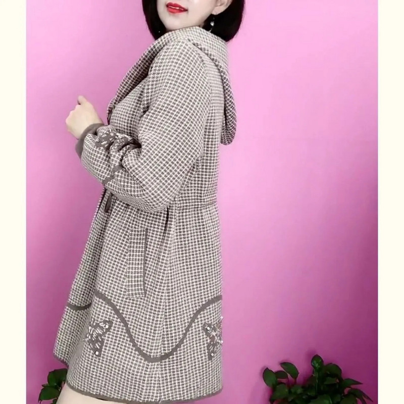 Jesen Zima Novi dvostrani kaput od kašmira s kapuljačom Ženski dugi vuneni kaput velikih veličina Pleteni džemper 5XL za starije majke