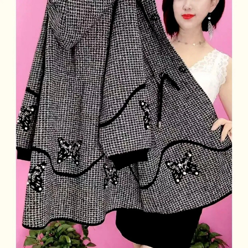 Jesen Zima Novi dvostrani kaput od kašmira s kapuljačom Ženski dugi vuneni kaput velikih veličina Pleteni džemper 5XL za starije majke