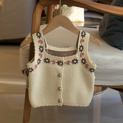 2023. gada korejiešu rudens džempera vestes augšdaļa Ziemai, jauns bērnu džemperis, maza viļņa mala, retro stila puķu pogas, meitenēm