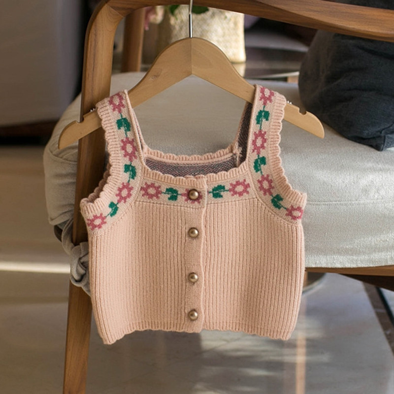 2023. gada korejiešu rudens džempera vestes augšdaļa Ziemai, jauns bērnu džemperis, maza viļņa mala, retro stila puķu pogas, meitenēm