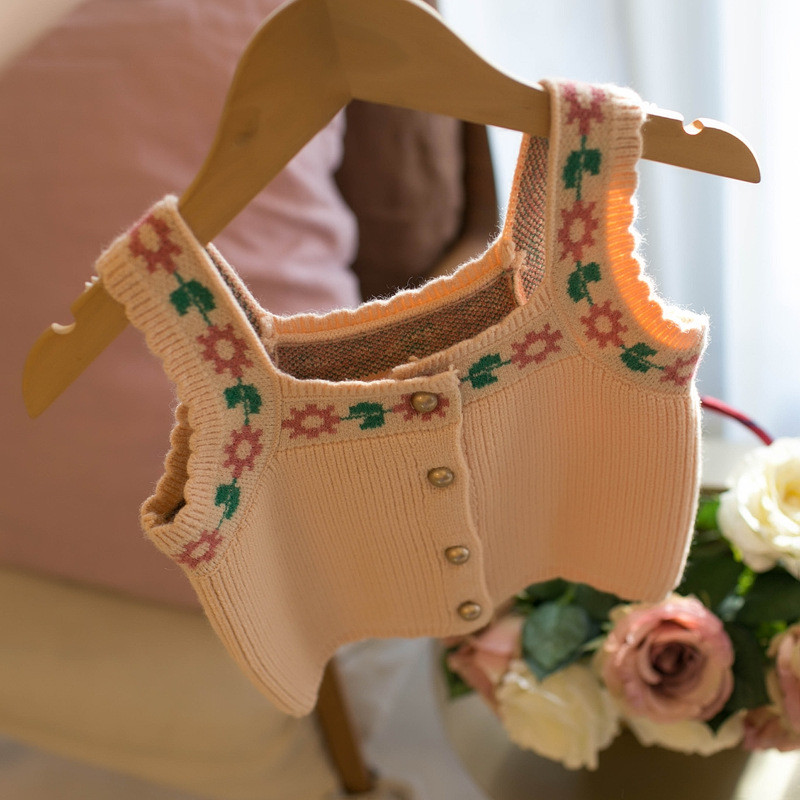 2023. gada korejiešu rudens džempera vestes augšdaļa Ziemai, jauns bērnu džemperis, maza viļņa mala, retro stila puķu pogas, meitenēm