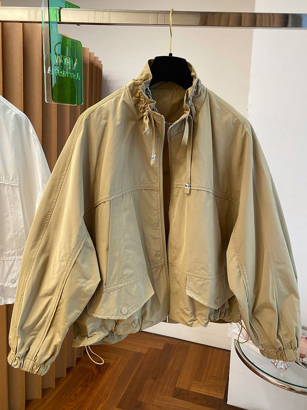 Jachetă de primăvară, scurtă, cu fermoar, vintage, jachetă de vânt pentru femei, cu guler, haină de buzunar, haină de stradă, pentru femei.