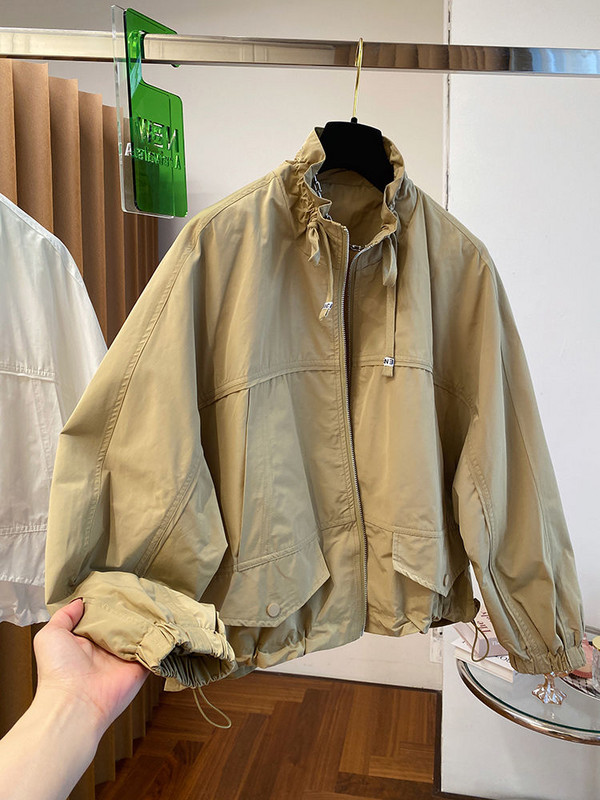 Jachetă de primăvară, scurtă, cu fermoar, vintage, jachetă de vânt pentru femei, cu guler, haină de buzunar, haină de stradă, pentru femei.