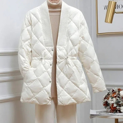 Novi dolazak Jesen Zima Ženska jakna Jednobojna V-izrez Uski kaput s podstavljenim pamukom Ženska šik topla parka Prošivena gornja odjeća