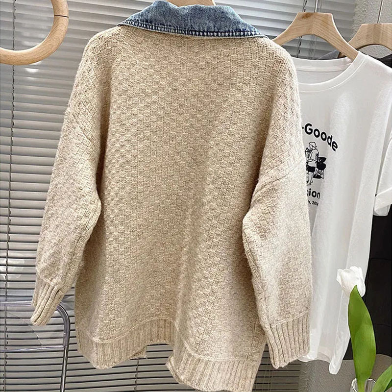 Jesen Zima Ženska traper jakna sa šavovima Prošivena labava zadebljana pletena vesta Kaput, gornji dio kardigana dugih rukava