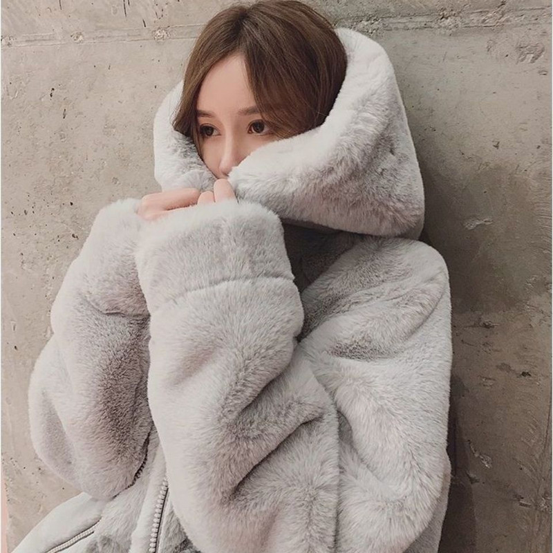 2023 haină nouă pentru femei, toamnă și iarnă, de pluș, blană de iepure artificială, cu glugă, cardigan pentru femei, la modă ocazională, haină de blană de lungime medie