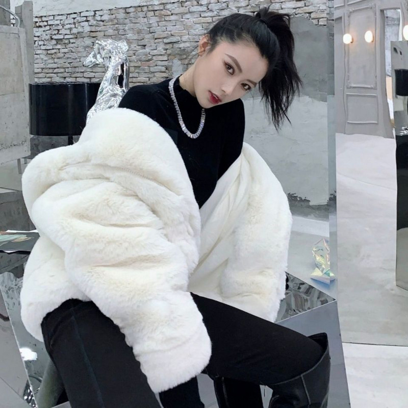 2023 haină nouă pentru femei, toamnă și iarnă, de pluș, blană de iepure artificială, cu glugă, cardigan pentru femei, la modă ocazională, haină de blană de lungime medie
